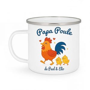 Mug Émaillé Papa Poule Personnalisé – Cadeau Fête des Pères – Petite Poule Rigolote – Tasse Papa avec Prénom(s) Enfant(s) – Idée Cadeau Originale