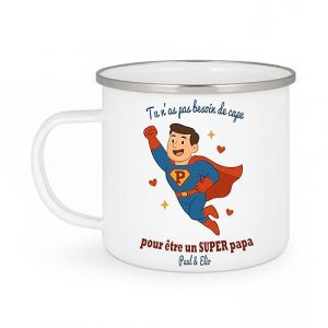 Mug Émaillé Super Papa Personnalisé – Cadeau Fête des Pères avec Prénom(s) – Tasse Papa Héros avec Cape – Cadeau Unique Papa