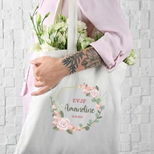 Tote Bag EVJF Personnalisé – Couronne de Fleurs – Texte au Choix + Date – Sac Mariée ou Team – Cadeau Enterrement Vie de Jeune Fille