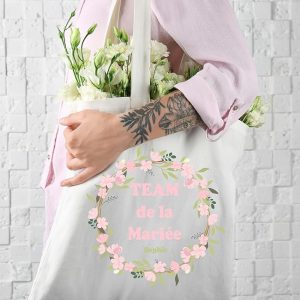 Tote Bag EVJF Personnalisé – Couronne Rose Pâle et Vert Gris – Texte au Choix + Date – Sac Blanc Coton – Mariée ou Team