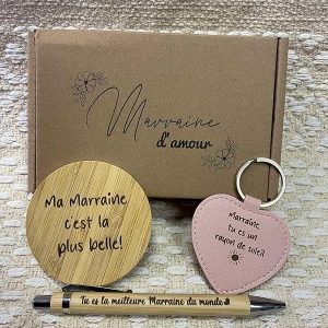 Box Marraine Cadeau – Coffret Marraine Formidable avec Boîte Gravée, Miroir de Poche, Stylo & Porte-Clé Cœur – Idée Annonce ou Remerciement
