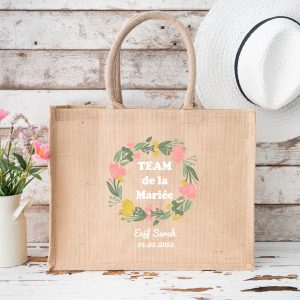 Grand Sac EVJF en Jute Personnalisé – Couronne Jaune, Saumon & Vert – Prénom + Date – Format 42x30 cm – Mariée ou Team