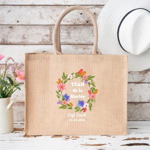 Grand sac en jute EVJF personnalisé – Couronne Fleurie Multicolore – Team de la Mariée – Prénom + Date – 42x30 cm