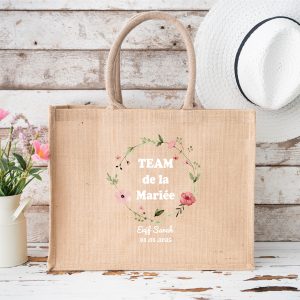 Sac jute EVJF personnalisé – Team de la Mariée – Couronne fleurs vintage rose – Texte modifiable – Cadeau Enterrement Vie de Jeune Fille