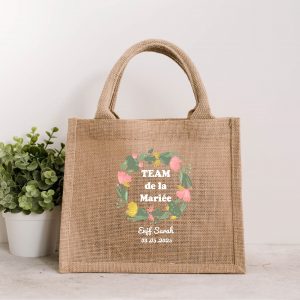 Petit Sac EVJF en Jute Personnalisé – Couronne Jaune, Saumon & Vert – Prénom + Date – Cadeau Mariée ou Team