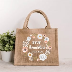Petit sac en jute EVJF personnalisé – Couronne florale beige et blanche – Cadeau enterrement de vie de jeune fille – Team bride chic