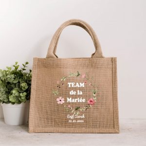 Petit sac EVJF personnalisé – Team de la Mariée – Couronne fleurie rose – Texte modifiable – Cadeau Enterrement Vie de Jeune Fille