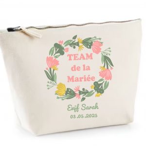 Pochette EVJF Personnalisée – Couronne Fleurie Jaune, Saumon & Vert – Prénom + Date – Cadeau Team de la Mariée
