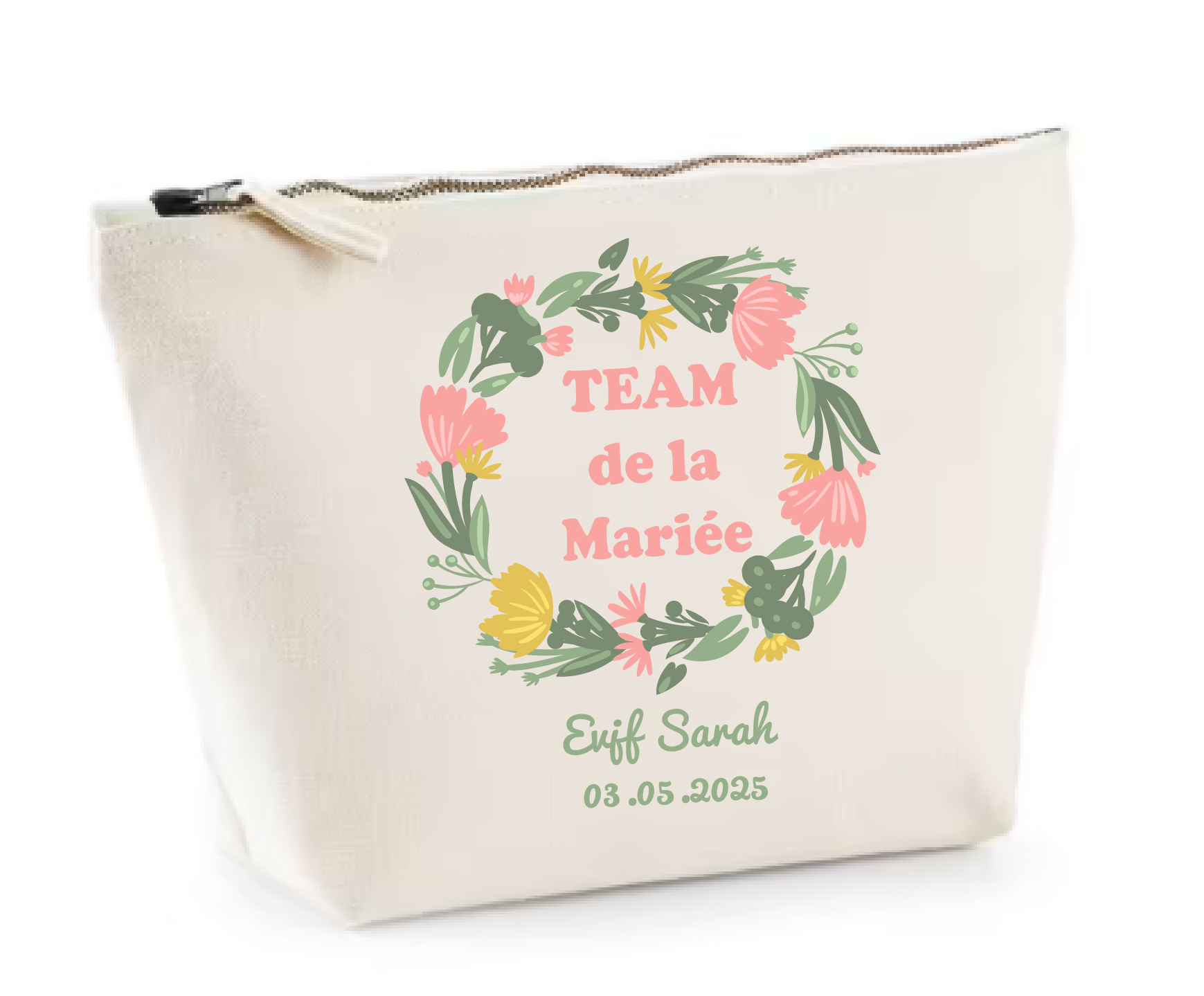 Pochette EVJF Personnalisée – Couronne Fleurie Jaune, Saumon & Vert – Prénom + Date – Cadeau Team de la Mariée