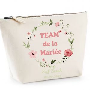 Pochette EVJF personnalisée – Team de la Mariée – Couronne de fleurs rose vintage – Texte modifiable – Cadeau témoin ou amie EVJF
