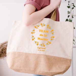 Grand sac jute EVJF personnalisé – Couronne florale jaune – Cadeau Team de la Mariée – Accessoire enterrement vie de jeune fille