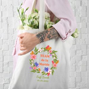 Tote bag EVJF personnalisé – Team de la Mariée avec couronne florale – Prénom + Date – Sac cabas Enterrement de Vie de Jeune Fille