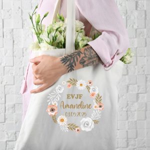 Tote bag EVJF personnalisé – Couronne florale beige et blanche – Cadeau team de la mariée