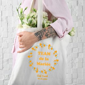Tote bag EVJF personnalisé – Team de la Mariée – Fleurs jaunes – Sac coton enterrement de vie de jeune fille – Cadeau demoiselle d’honneur