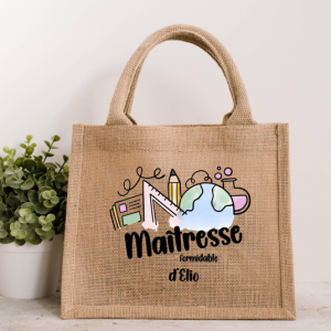 Petit sac jute Maîtresse Formidable personnalisé – Cadeau fin d’année scolaire avec prénom – Sac en toile naturel 28x22 cm