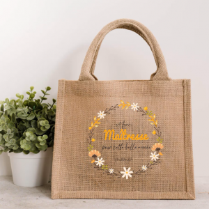 Petit sac jute “Merci Maîtresse” personnalisé – Cadeau fin d’année scolaire – Motif floral – Format 18x20x10 cm – Texte & année au choix