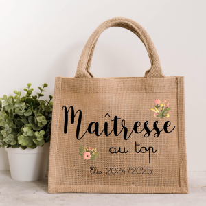 Petit sac jute Maîtresse au top personnalisé – Cadeau fin d’année scolaire – Sac kraft naturel 26x22x14 cm avec prénom – Fleurs pastel