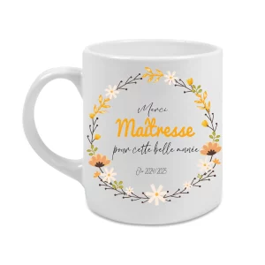 Mug “Merci Maîtresse” personnalisé – Cadeau fin d’année scolaire – Motif floral – Tasse céramique 325 ml – Texte & année au choix