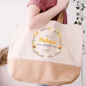 Sac cabas “Merci Maîtresse” personnalisé-Cadeau fin d’année scolaire – Toile & jute – Motif floral – Texte et année modifiables –38x44x18 cm