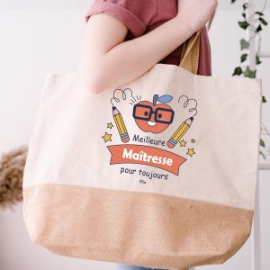 Sac shopping personnalisé maîtresse – Cadeau fin d’année scolaire – Meilleure Maîtresse pour toujours – Sac toile et jute avec prénom