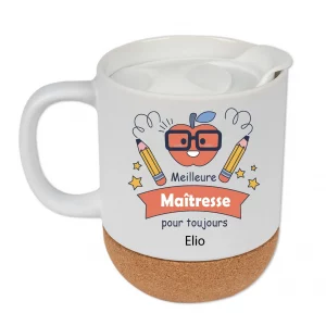Mug en céramique avec bas en liège et couvercle anti-fuite "Meilleure Maîtresse pour toujours" – Cadeau personnalisé maîtresse – Mug 375 ml