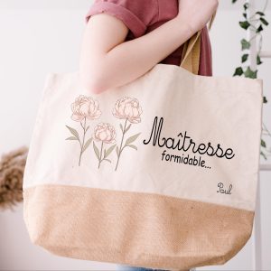 Sac shopping "Maîtresse formidable" personnalisé – Sac avec fleurs roses – Cadeau pour la maîtresse – Personnalisation avec prénom