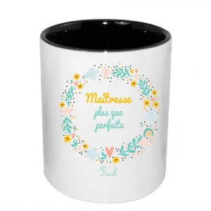 Pot à crayons Maîtresse plus que parfaite personnalisé – Cadeau fin d’année scolaire – Céramique 325 ml – Prénom enfant + couronne fleurie