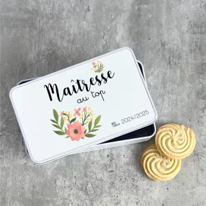 Boîte à biscuits Maîtresse au top personnalisée – Cadeau fin d’année scolaire – Boîte métal avec couvercle imprimé prénom et fleurs pastel