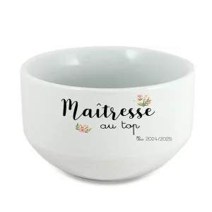 Bol Maîtresse au top personnalisé – Cadeau fin d’année scolaire – Bol céramique 650 ml avec prénom – Motif fleurs pastel