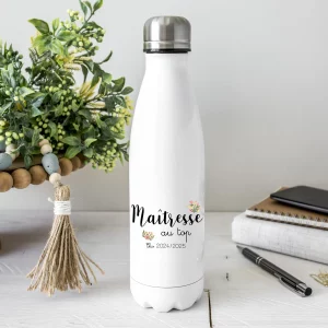 Gourde Maîtresse au top personnalisée – Cadeau fin d’année scolaire – Bouteille isotherme inox 700 ml avec prénom – Fleurs pastel