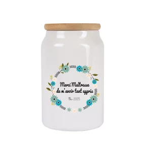 Pot à cookies Merci Maîtresse personnalisé – Cadeau fin d’année – Bocal céramique 650 ml avec couvercle+ Fleurs bleu et vert + prénom