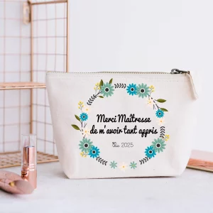 Grande pochette Merci Maîtresse personnalisée – Trousse coton 31x15 cm avec prénom – Cadeau fin d’année scolaire – Couronne fleurs