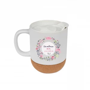Mug “Une maîtresse en or” personnalisé – Céramique avec couvercle & base liège –Cadeau fin d’année scolaire – Motif floral rose et prénom