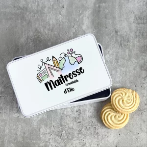 Boîte à biscuits Maîtresse Formidable personnalisée – Cadeau gourmand fin d’année scolaire – Boîte métal avec prénom