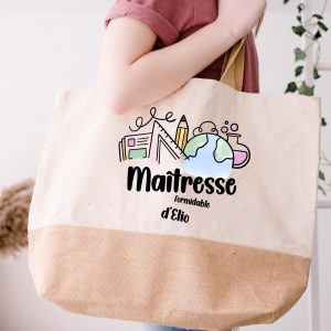 Sac shopping Maîtresse Formidable personnalisé – Grand cabas jute et coton avec prénom – Cadeau fin d’année scolaire utile