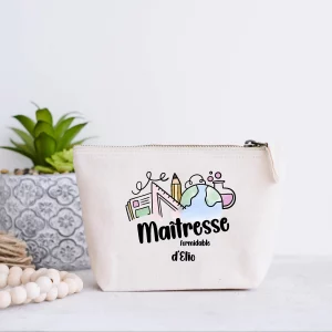 Pochette Maîtresse Formidable personnalisée – Cadeau fin d’année scolaire avec prénom – Trousse zippée en coton