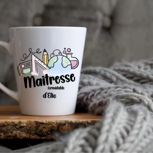 Tasse Maîtresse Formidable format latte – Cadeau fin d’année scolaire personnalisé avec prénom – Mug conique élégant