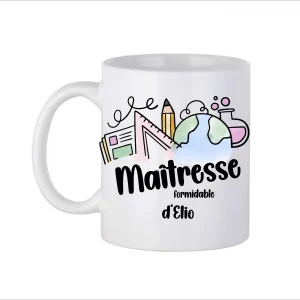 Tasse Maîtresse Formidable personnalisée avec prénom – Mug blanc céramique – Cadeau de fin d’année scolaire – Merci maîtresse