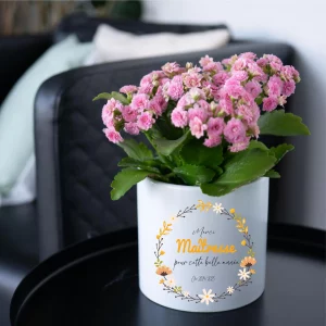 Cache-pot “Merci Maîtresse” personnalisé – Cadeau fin d’année scolaire –Grand pot céramique 14,5 x 13,5 cm – Motif floral & année modifiable
