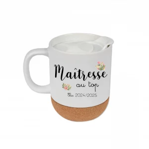 Tasse Maîtresse au top personnalisée – Cadeau fin d’année scolaire – Mug céramique 345 ml avec liège et couvercle – Année & prénom