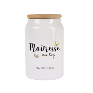 Bocal à cookies Maîtresse au top personnalisé – Cadeau fin d’année scolaire – Pot céramique avec couvercle bambou – Prénom + année