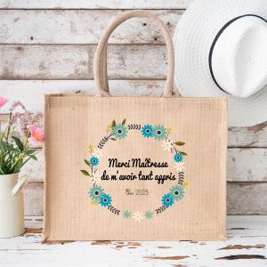 Grand sac en jute Merci Maîtresse personnalisé – Cadeau fin d’année scolaire – Sac naturel fleurs bleu et vert avec prénom –  42x33x19 cm