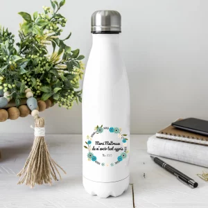 Gourde Merci Maîtresse personnalisée – Bouteille isotherme 700 ml avec prénom – Cadeau fin d’année scolaire fleurs bleu et vert