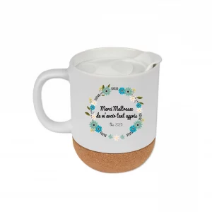 Tasse Merci Maîtresse personnalisée avec couvercle – Mug 345 ml prénom et fleurs – Base en liège – Cadeau fin d’année scolaire