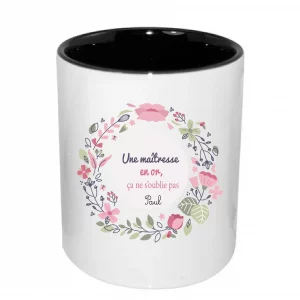 Pot à crayons “Une maîtresse en or” personnalisé – Cadeau fin d’année scolaire – Motif floral rose – Céramique – Prénom enfant modifiable