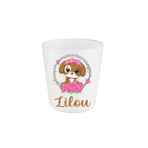 Gobelet enfant personnalisé rentrée scolaire – Chien mignon avec fleurs – Prénom au choix – Gobelet incassable 260 ml – Bébé Panda