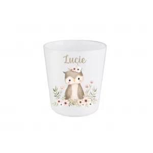 Gobelet personnalisé enfant rentrée scolaire – Chouette beige fleurie – Prénom au choix – Gobelet incassable 260 ml – Bébé Panda