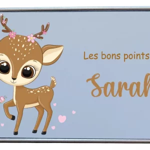 Boîte à bons points faon personnalisée prénom – Boîte métal 10x6 cm – Cadeau fille école maternelle – Motif Bambi fleuri