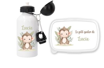 Set gourde sport 500 ml + boîte à goûter personnalisés motif singe – Prénom enfant – Préparez la rentrée scolaire