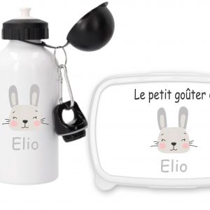 Coffret enfant personnalisé – Gourde 500 ml + boîte à goûter – Lapin gris et prénom – Idée cadeau crèche ou école